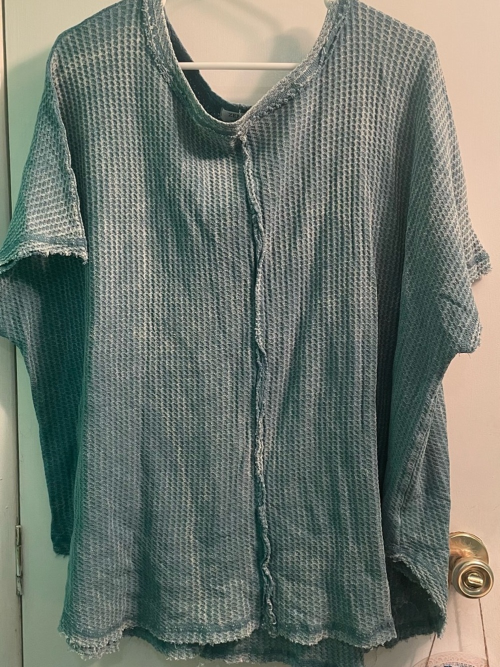 Zenana Lightweight Waffle-Knit Top in Dusty Teal